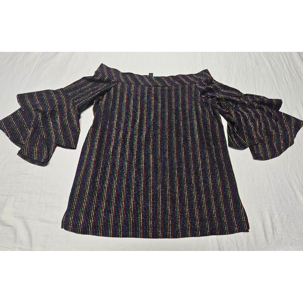 ECI‎ Off The Shoulder Top M Black Rainbow Metallic Stripe Tiered Bell Sleeve